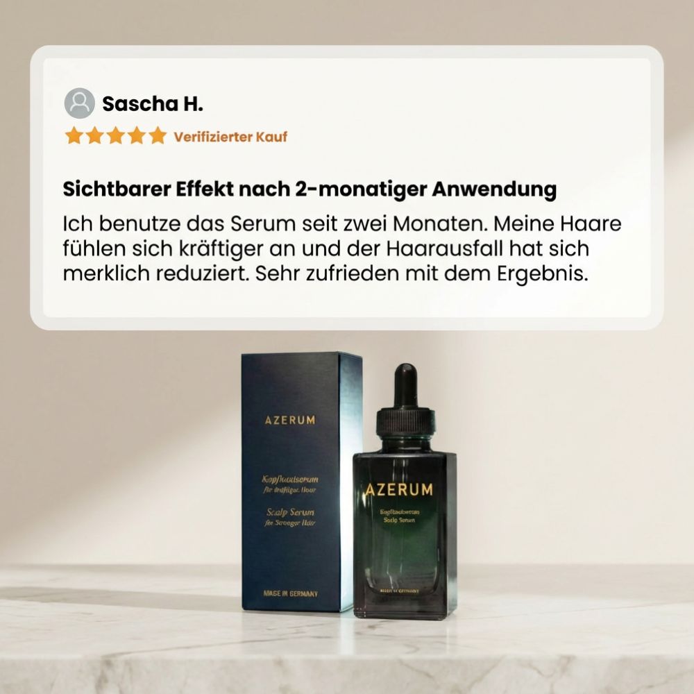 Azerum Kopfhautserum Scalp Serum Made in Germany mit verifizierter 5-Sterne-Bewertung: sichtbar kräftigeres Haar und weniger Haarausfall nach 2 Monaten
