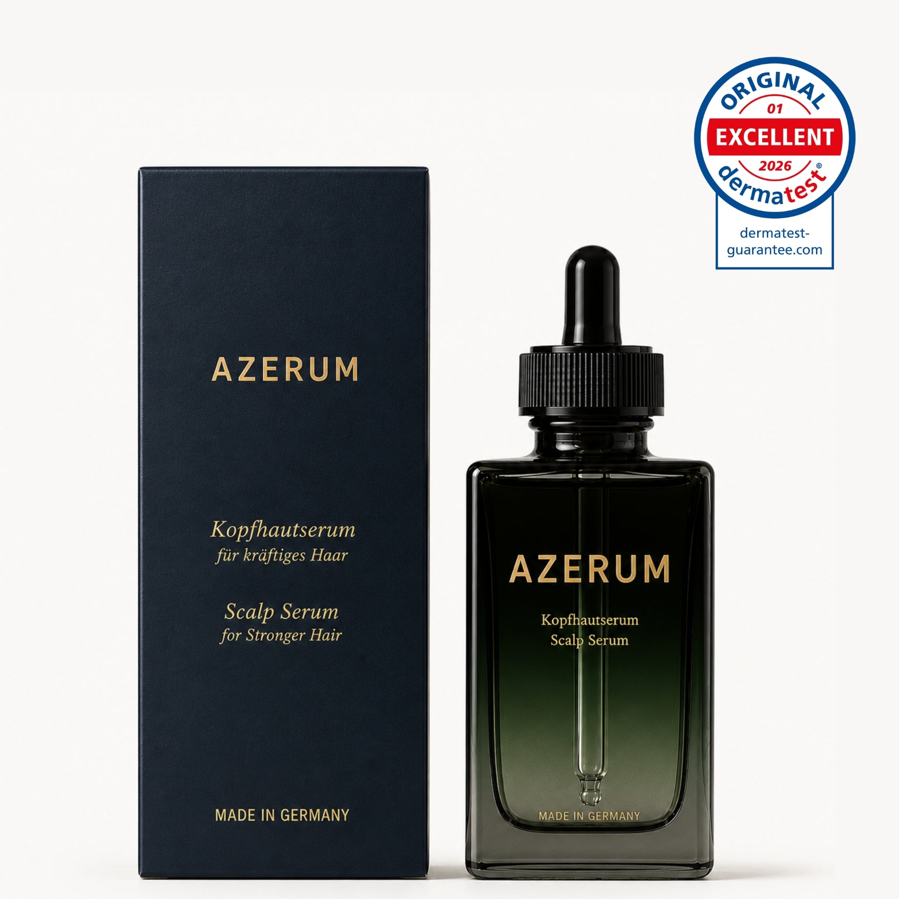 AZERUM Kopfhautserum für dichteres Haar, Vorher-Nachher-Bilder, mit Modell, Inhaltsstoffe und Wirkversprechen sichtbar.