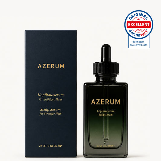 AZERUM Kopfhautserum für dichteres Haar, Vorher-Nachher-Bilder, mit Modell, Inhaltsstoffe und Wirkversprechen sichtbar.
