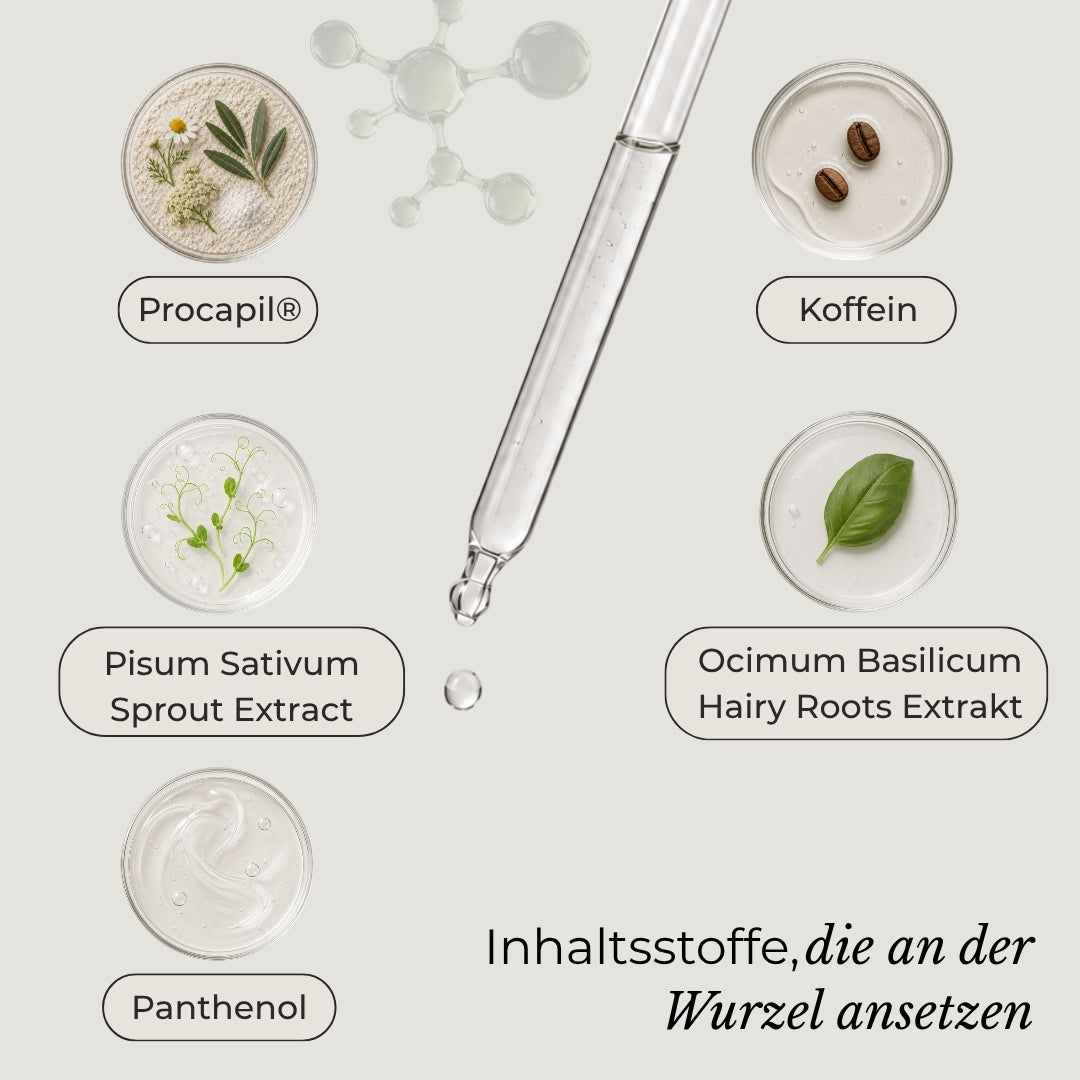 Azerum Kopfhautserum für sichtbar dichteres Haar, Flasche mit Dosierspender und gelartige Textur, Produktbild.