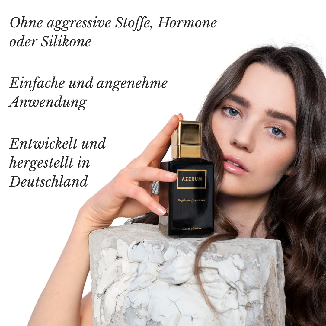 Azerum Kopfhautserum für sichtbar dichteres Haar, Flasche mit Applikator, zeigt Anwendung und Produktdetails
