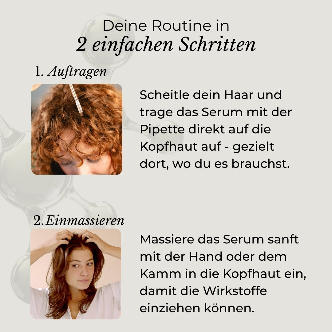 Azerum Kopfhautserum für sichtbar dichteres Haar, Flasche mit Applikator, Anwendung auf der Kopfhaut, Produkt von AZERUM