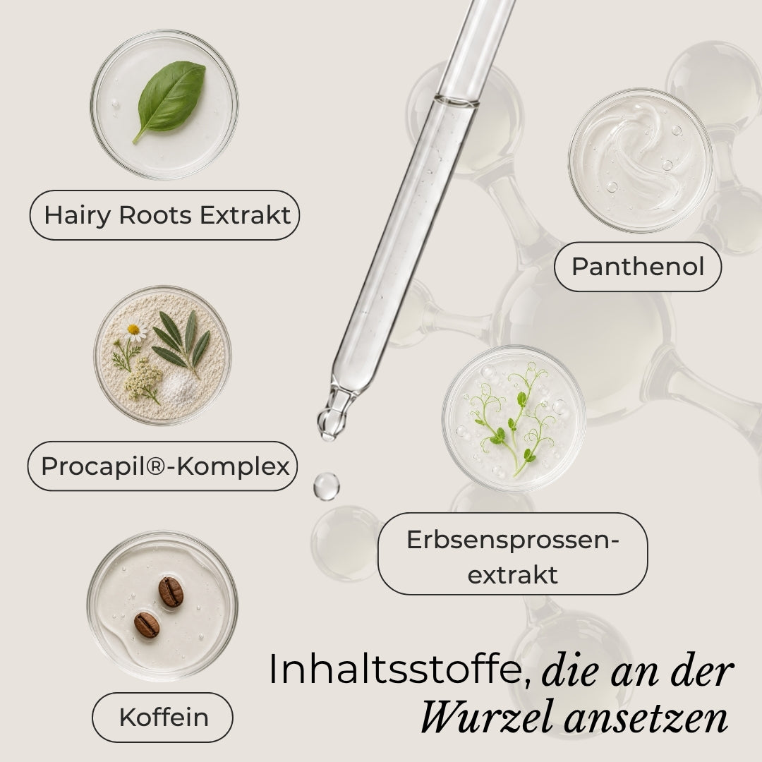 AZERUM Kopfhautserum für sichtbar dichteres Haar, Flasche mit Applikator, Anwendung auf der Kopfhaut sichtbar